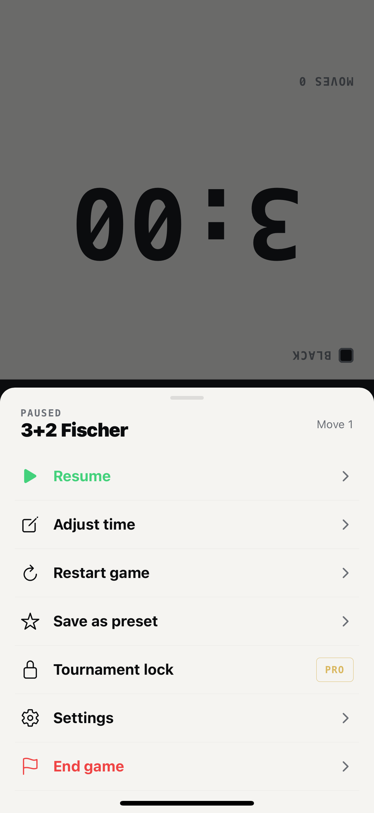 Chess Clock tournament play screen with lock controls